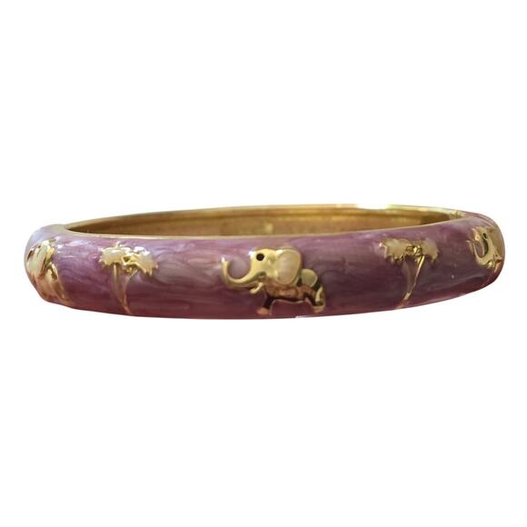 JTF Elephant Palm Tree Bangle Bracelet Gold Purple Pink Enamel - Picture 1 of 10